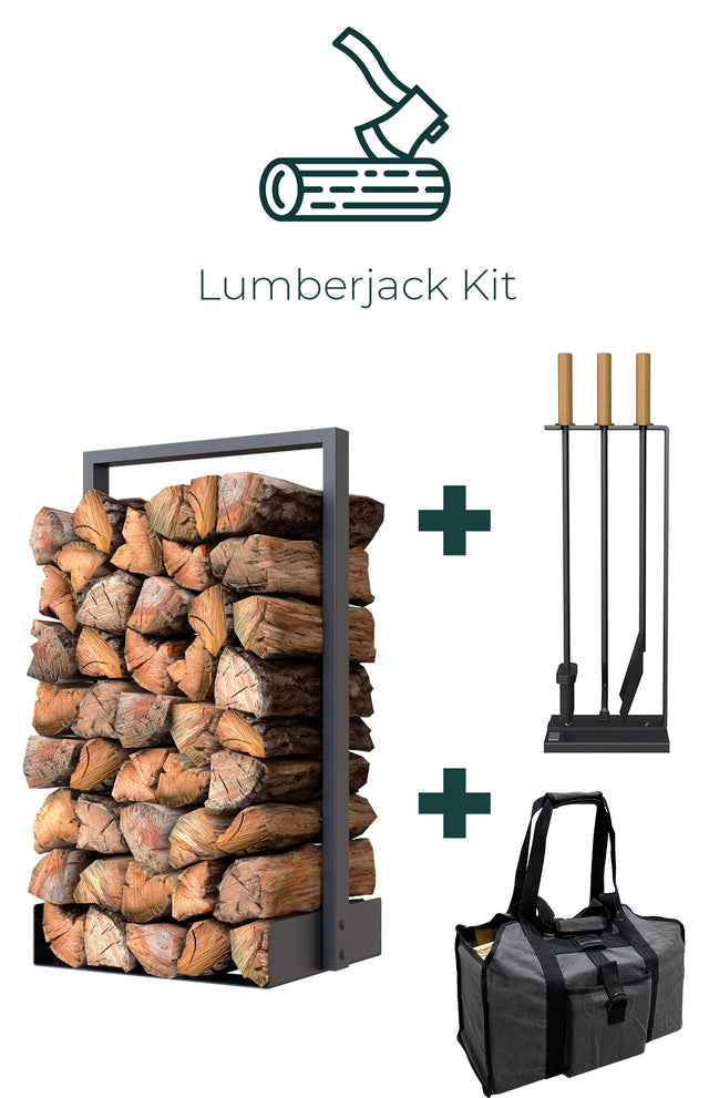 Nordic firewood log holder with fireplace tool and log carrier bag set creating a rustic modern cottage fireplace setup The Rack Co Quebec Canada