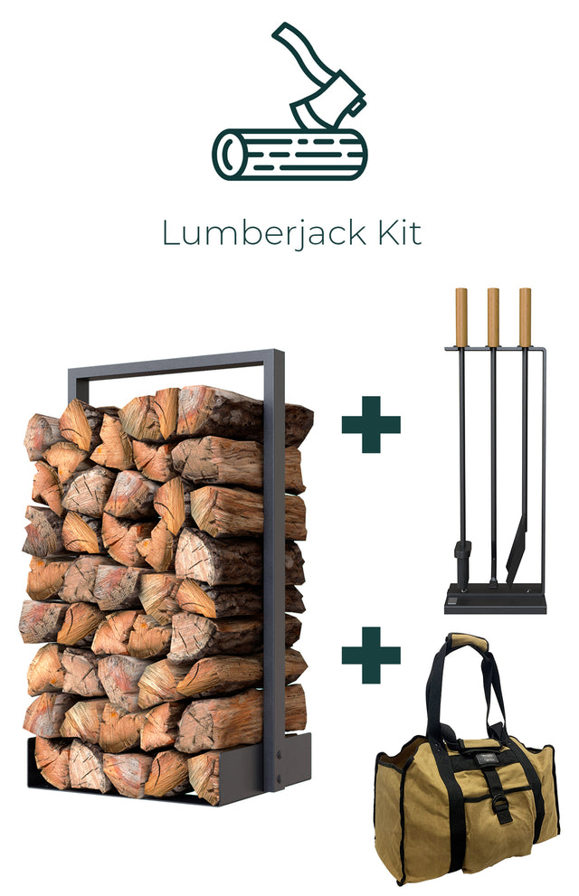 Nordic firewood rack with fireplace tool and log carrier bag set creating a rustic modern cottage fireplace setup The Rack Co Quebec Canada