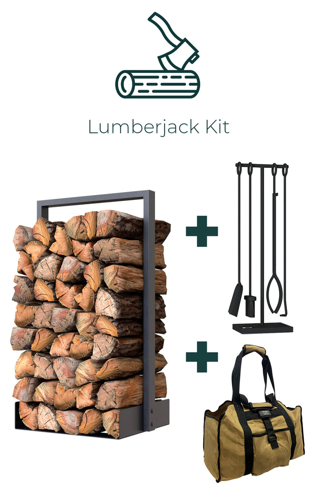 Nordic firewood rack with fireplace tool and log carrier bag set creating a rustic modern cottage fireplace setup The Rack Co Quebec Canada