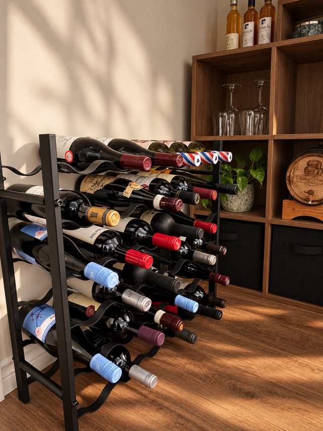 A black metal freestanding wine rack filled with 36 wine bottles, set in a warm, sunlit room with a wooden floor and a wooden shelving unit in the background.