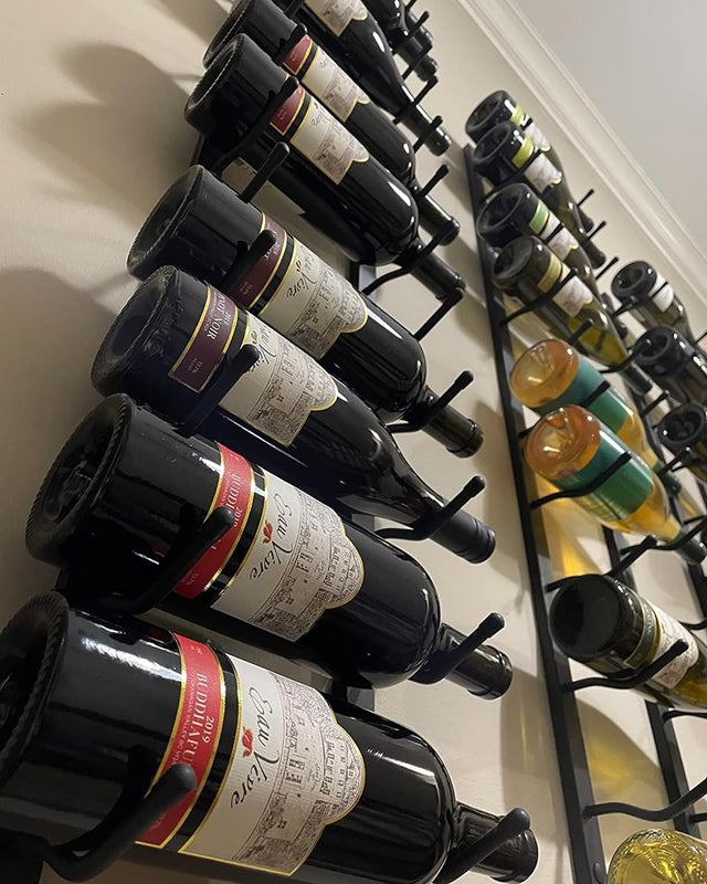 Classic Wall mounted wine racks from The Rack Co arranged in a wall mounted configuration display drywall with woodbacking panels.
