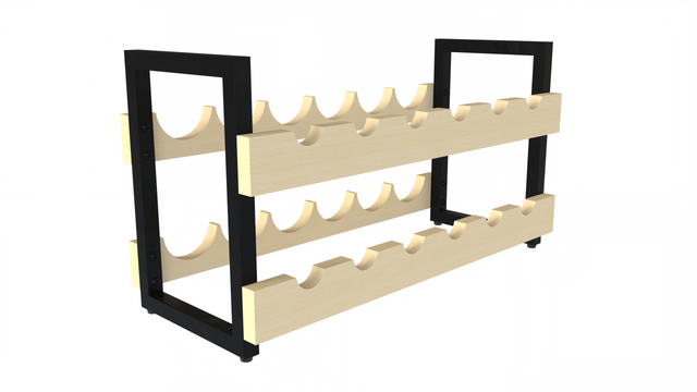 Compact 12-bottle freestanding wine rack in wood and black metal – stackable design for pantries, wine cellars, or kitchen storage.