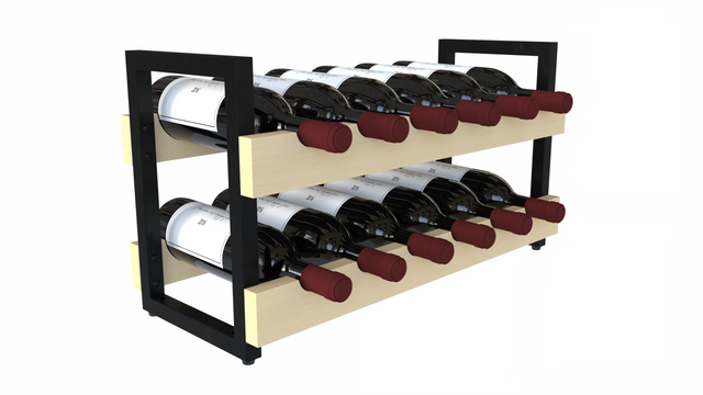 Compact 12-bottle freestanding wine rack in wood and black metal – stackable design for pantries, wine cellars, or kitchen storage.