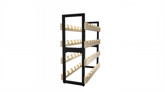 Compact 24-bottle freestanding wine rack in wood and black metal – stackable design for pantries, wine cellars, or kitchen storage.