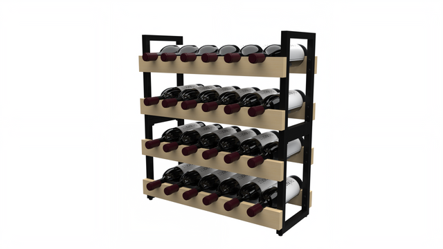 Compact 24-bottle freestanding wine rack in wood and black metal – stackable design for pantries, wine cellars, or kitchen storage.
