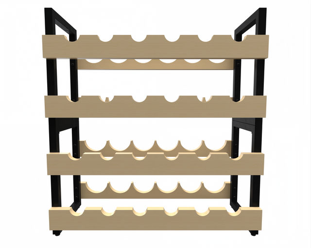 Compact 24-bottle freestanding wine rack in wood and black metal – stackable design for pantries, wine cellars, or kitchen storage.