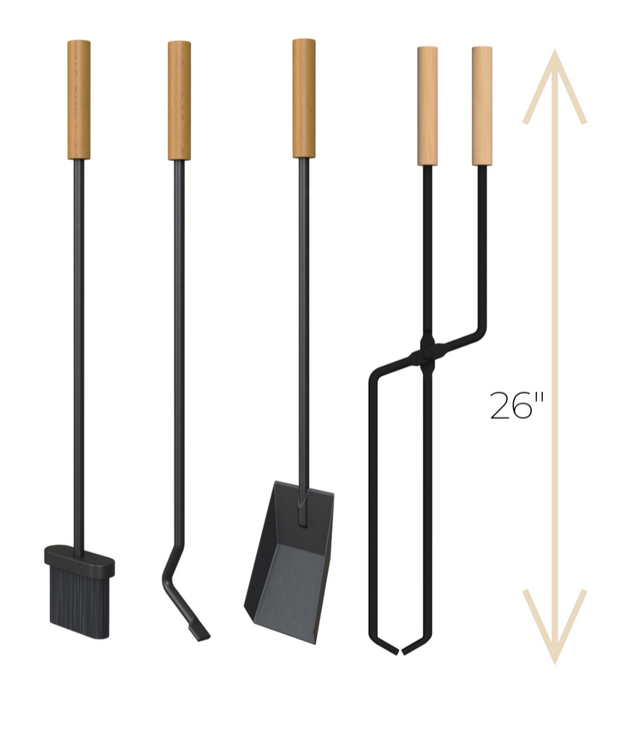 Set of fire tools with wooden handles on a white background with dimensions from The Rack Co.