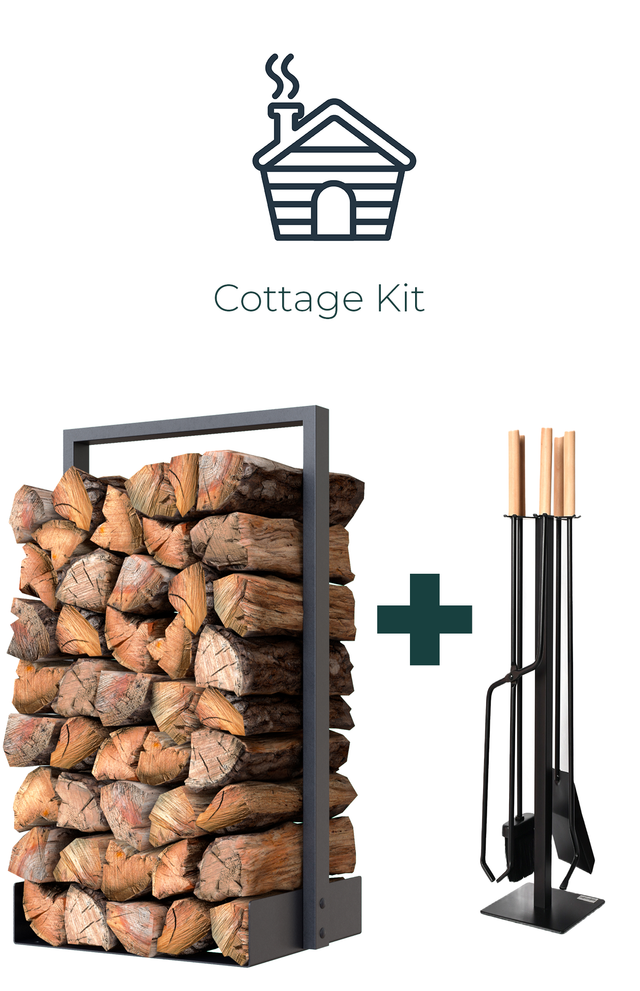 Nordic Firewood Rack and 4 Wooden Handle Fireplace Tool kit for ultimate Cottage Fireplace Kit from The Rack Co