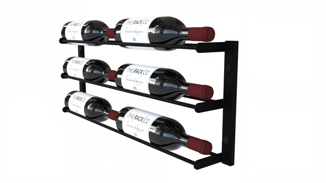 Wall-mounted wine rack for 6 bottles in black metal, horizontal label-forward display – perfect for home wine cellars, kitchens, bars, and wine walls.