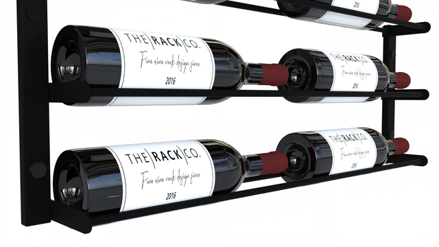 Wall-mounted wine rack for 6 bottles in black metal, horizontal label-forward display – perfect for home wine cellars, kitchens, bars, and wine walls.