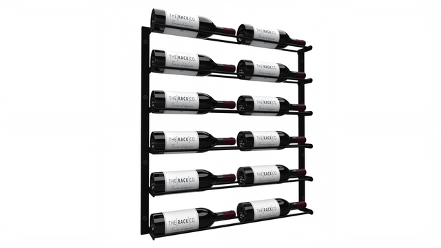 Wall-mounted wine rack for 12 bottles in black metal, horizontal label-forward display – perfect for home wine cellars, kitchens, bars, and wine walls.