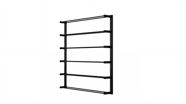 Wall-mounted wine rack for 12 bottles in black metal, horizontal label-forward display – perfect for home wine cellars, kitchens, bars, and wine walls.