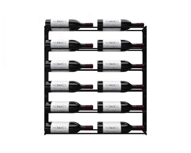 Wall-mounted wine rack for 12 bottles in black metal, horizontal label-forward display – perfect for home wine cellars, kitchens, bars, and wine walls.