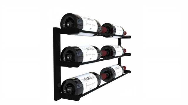 Wall-mounted wine rack for 6 bottles in black metal, horizontal label-forward display – perfect for home wine cellars, kitchens, bars, and wine walls.