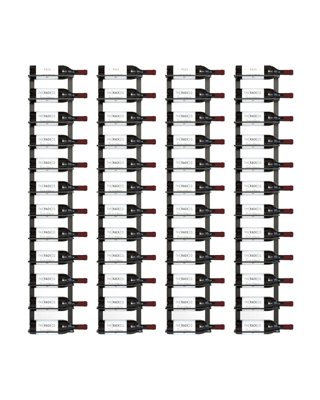 Wall Mounted Wine Rack Storage Display for 48 bottles in a label-view display placed in 4 rows of 12 bottles using Double Frame Model by The Rack Co. Quebec Canada