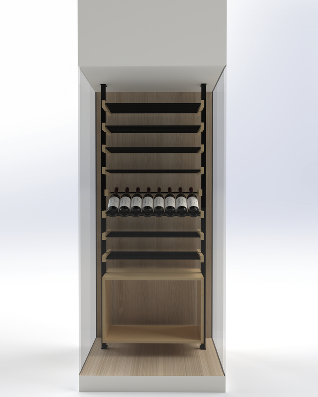 Custom modular wine cellar installation with wood backing featuring La Réserve by The Rack Co, designed in Québec, Canada.