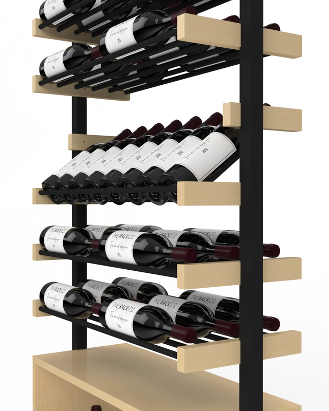 Zoom on metal wood shelf for wine storage home cellar by The Rack Co, Québec, Canada