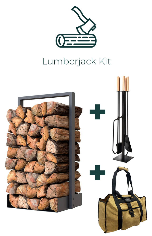 Lumberjack Kit including Nordic Firewood Rack Fireplace Tools and Log Carrier Bag from The Rack Co