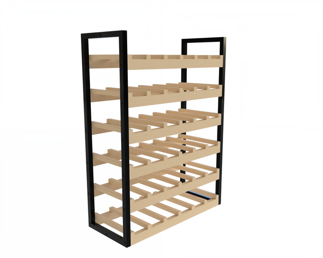 Large freestanding wine rack for 36 bottles with wood slats and black metal frame – stackable and secure for wine wall or cellar builds.