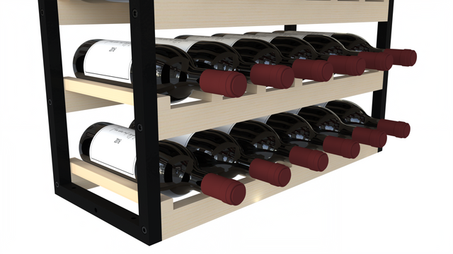 Large freestanding wine rack for 36 bottles with wood slats and black metal frame – stackable and secure for wine wall or cellar builds.