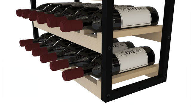 Large freestanding wine rack for 36 bottles with wood slats and black metal frame – stackable and secure for wine wall or cellar builds.