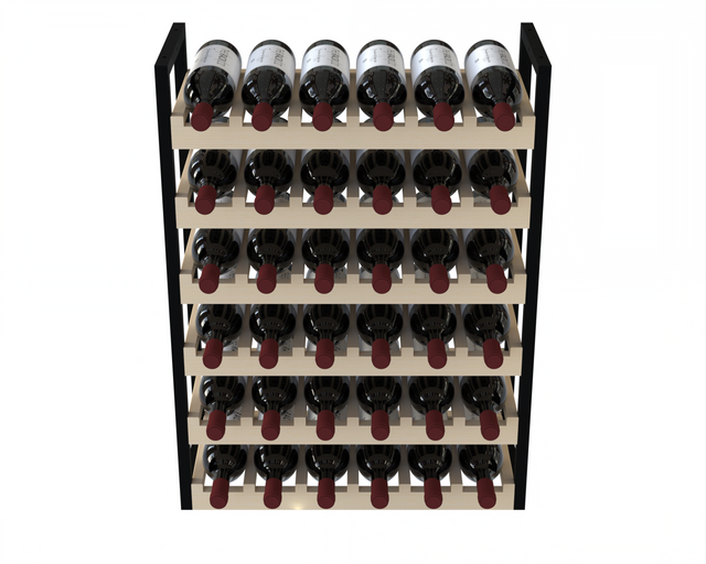 Large freestanding wine rack for 36 bottles with wood slats and black metal frame – stackable and secure for wine wall or cellar builds.