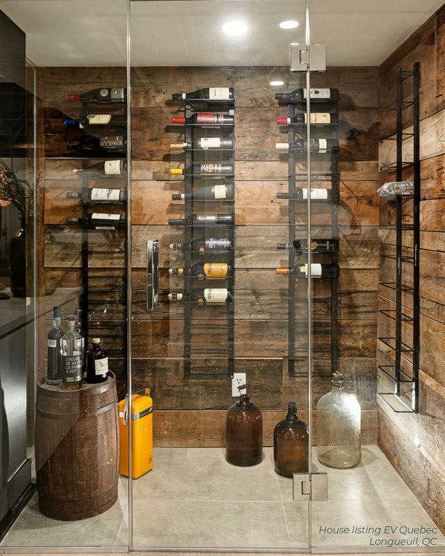 Rustic Moderne Farmhouse wood backing glass-enclosed home wine cellar. 48 bottles with Double Frame wall mounted wine rack from The Rack Co Quebec Canada