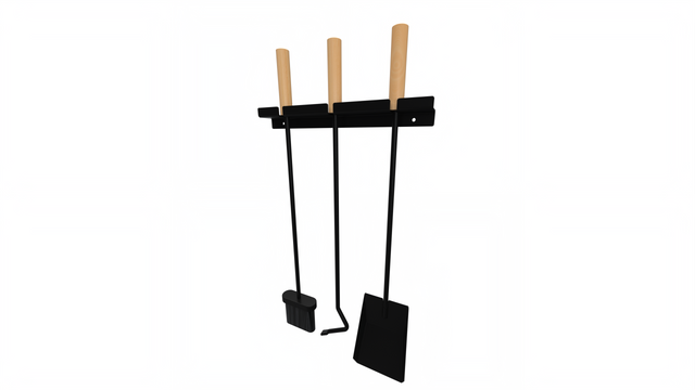 Wall-mounted fireplace tools with wooden handles on a white background by The Rack Co : broom, shovel, poker