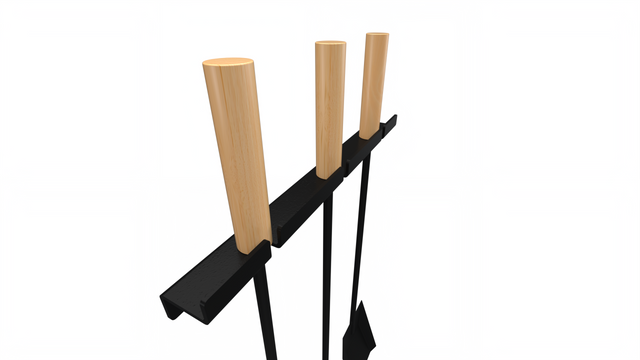 Detail for wooden handles on the wall-mount fireplace tool set by The Rack Co