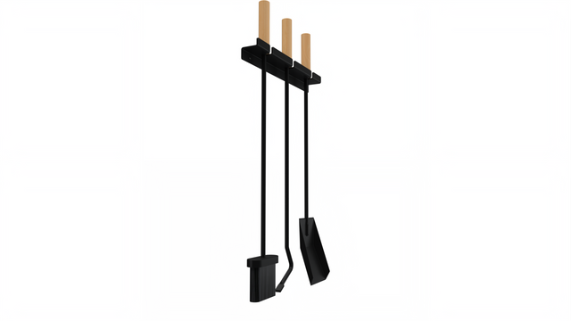 Set of fireplace tools including a poker, tongs, and shovel on a black stand with wooden handles against a white background.