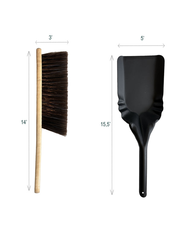 Fireplace ash cleanup shovel and hand brush with product dimensions