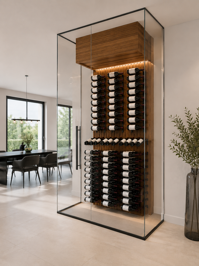 Modern wine cellar racking system with glass front in a stylish room. The rack Co Quebec Canada