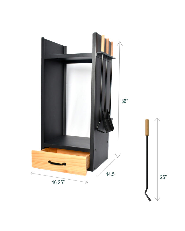 Dimensions of the Complete vertical firewood rack with integrated fireplace tools, kindling shelf and wooden drawer.