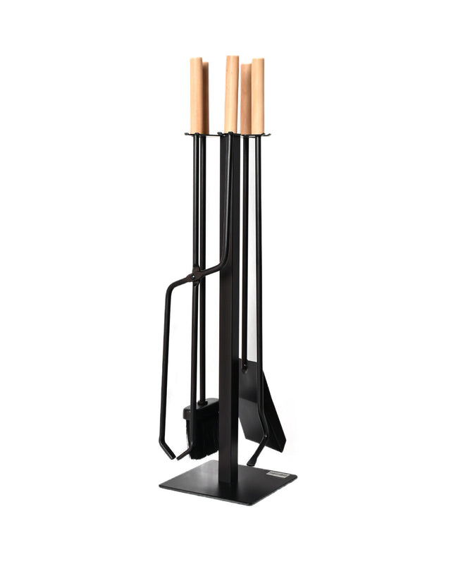 Modern 4-piece fireplace tool set with wooden handles, black steel stand and compact freestanding design.