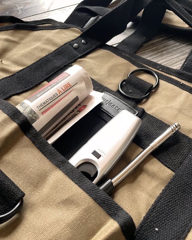 Waxed canvas firewood carrier storage pocket holding newspaper and fire-starting accessories