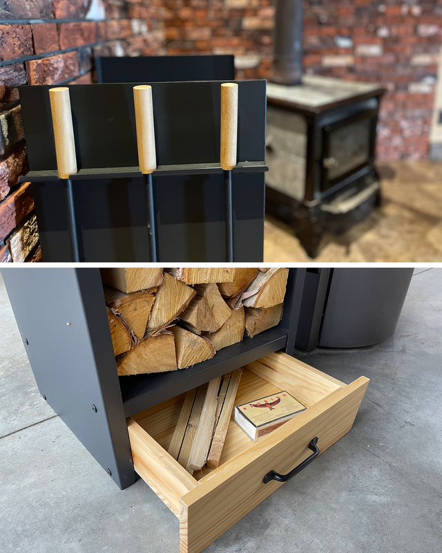 Close-up of the reversible fireplace tool bracket and built-in wooden storage drawer on the Complete firewood rack.