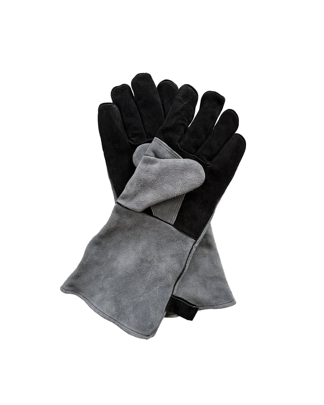 Heat-resistant leather fireplace gloves showing the soft interior lining and extended cuffs