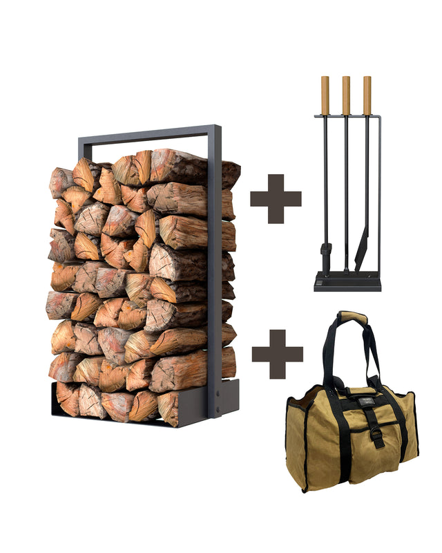 Lumberjack Kit with Nordic firewood rack, 3-piece wooden handle fireplace tools and brown log carrier bag