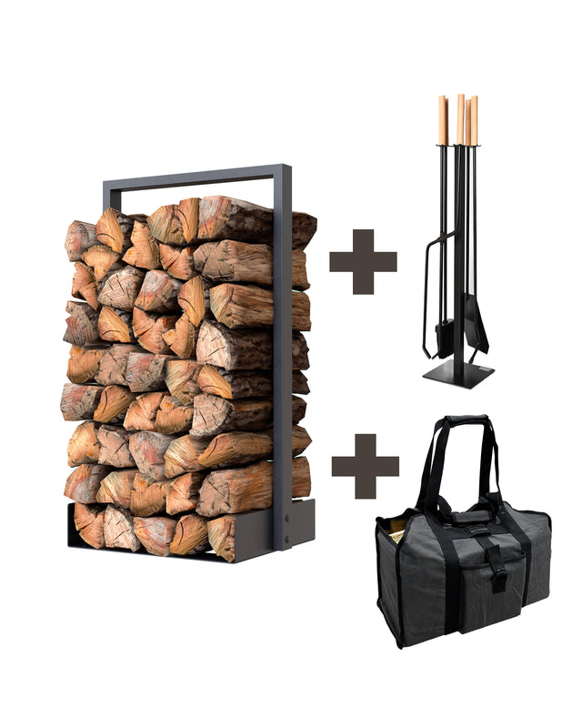 Lumberjack Kit with Nordic firewood rack, 4-piece wooden handle fireplace tools and grey log carrier bag