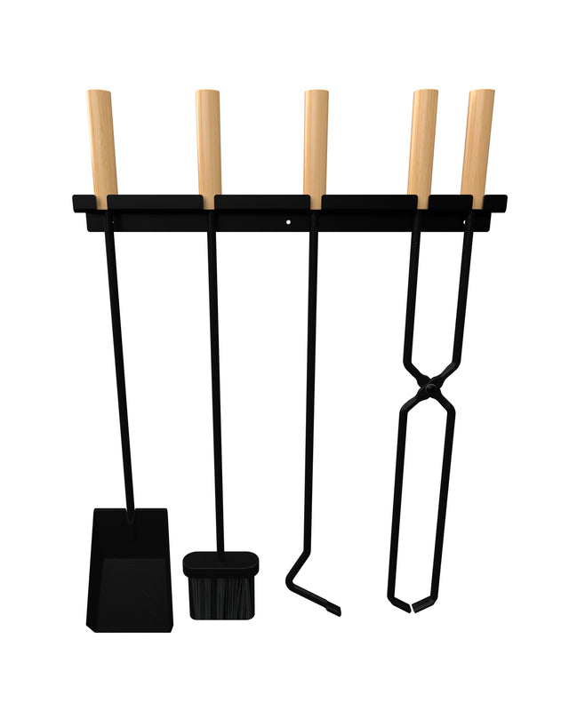 Wall-mount 4-tool fireplace set with wooden handles, including poker, broom, shovel and tongs with black steel bracket.