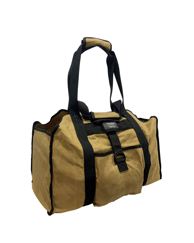 Beige waxed canvas firewood carrier bag with reinforced handles