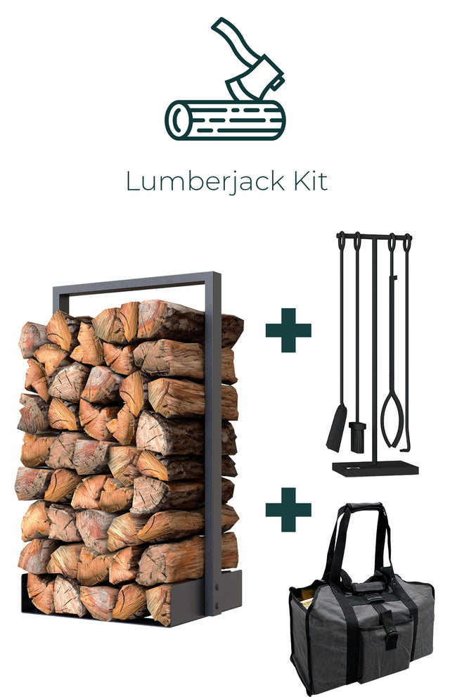 Nordic firewood rack with fireplace tool  and log carrier bag set creating a rustic modern cottage fireplace setup The Rack Co Quebec Canada