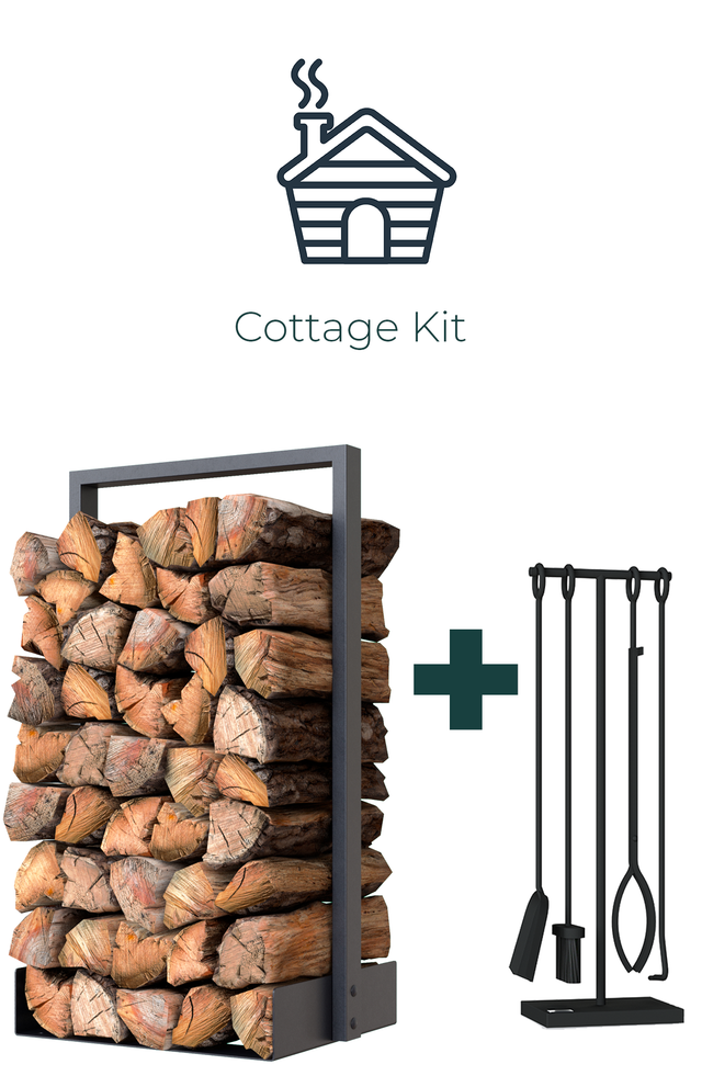 Nordic firewood rack with fireplace tool set creating a rustic modern cottage fireplace setup The Rack Co Quebec Canada