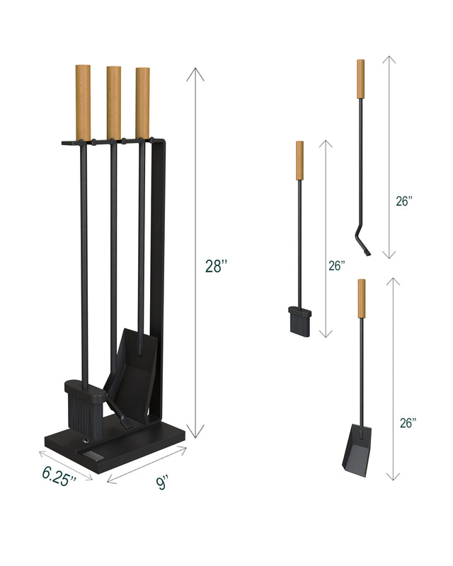 Dimensions of the 3-piece fireplace tool set with wooden handles, including fireplace broom, poker and shovel.