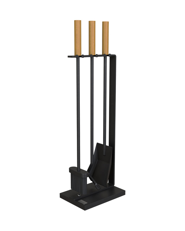 A black metal fireplace tool set with three tools topped by light natural wood handles. The Rack Co.