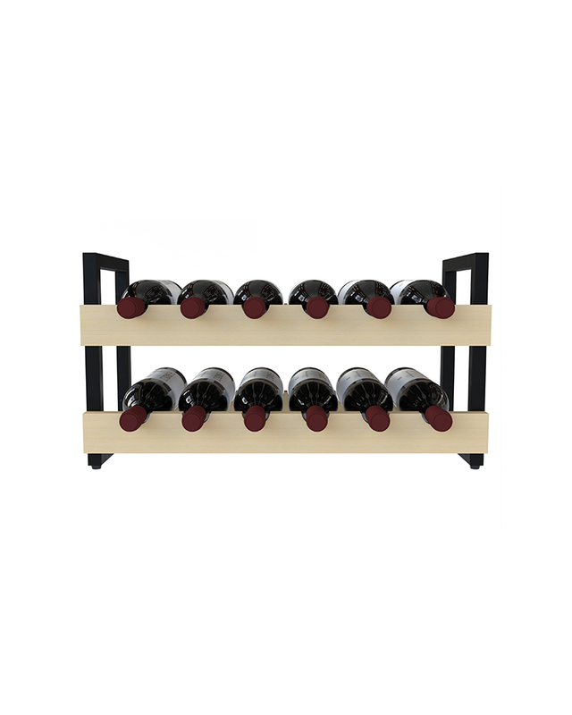 Compact 12-bottle freestanding wine rack in wood and black metal – stackable design for pantries, wine cellars, or kitchen storage.
