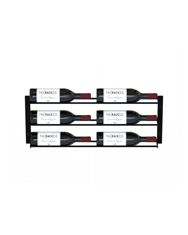 Wall-mounted wine rack for 6 bottles in black metal, horizontal label-forward display – perfect for home wine cellars, kitchens, bars, and wine walls.