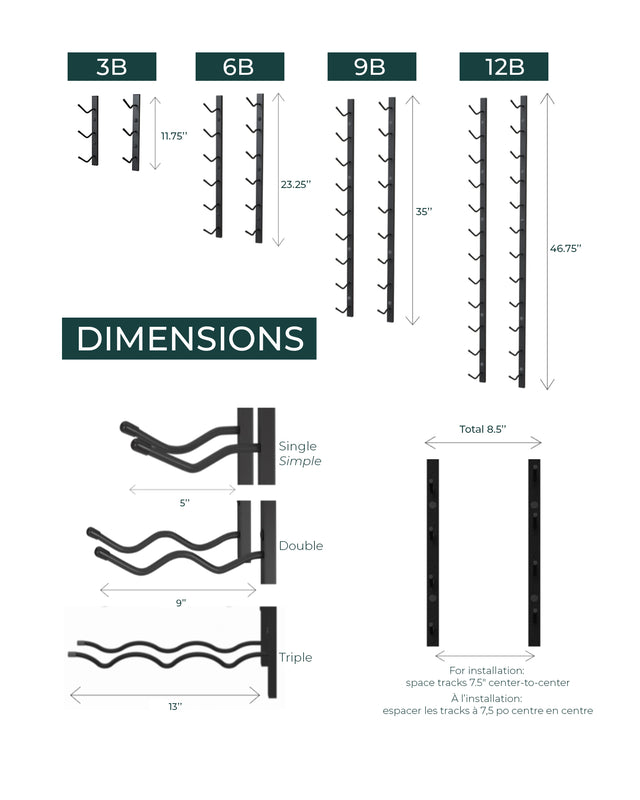 Classic Wall mounted wine rack dimensions and bottle capacity, modular metal wine rack available in 3, 6, 9 and 12 bottle sections, single double or triple depth wine storage