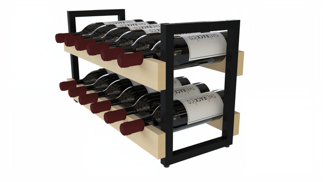 Compact 12-bottle freestanding wine rack in wood and black metal – stackable design for pantries, wine cellars, or kitchen storage.