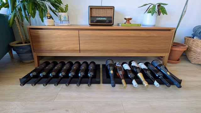 Custom wine rack under credenza console table personnalized wine bottle storage display The Rack Co Quebec Canada